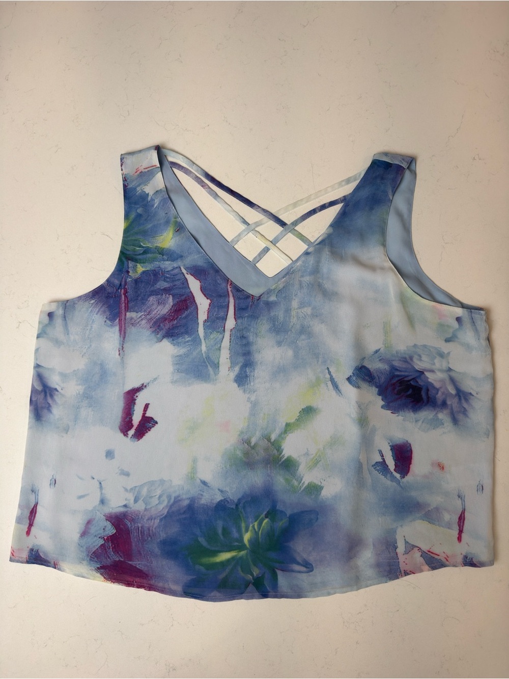 Floral Light Blue V-Neck Camisole with Crisscross Straps